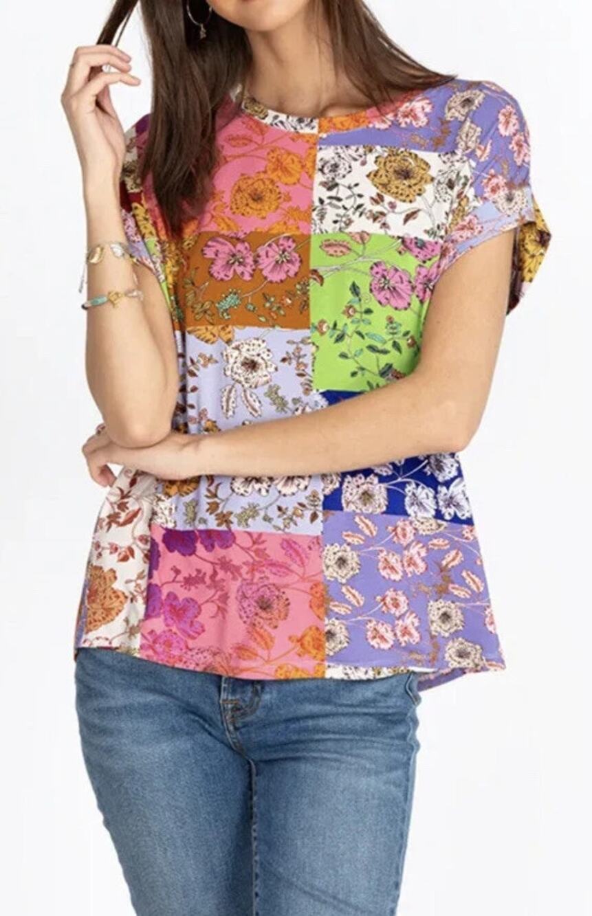 Johnny Was Cosmo Floral Patchwork Short Sleeve Relaxed Tee Multi Women's Medium